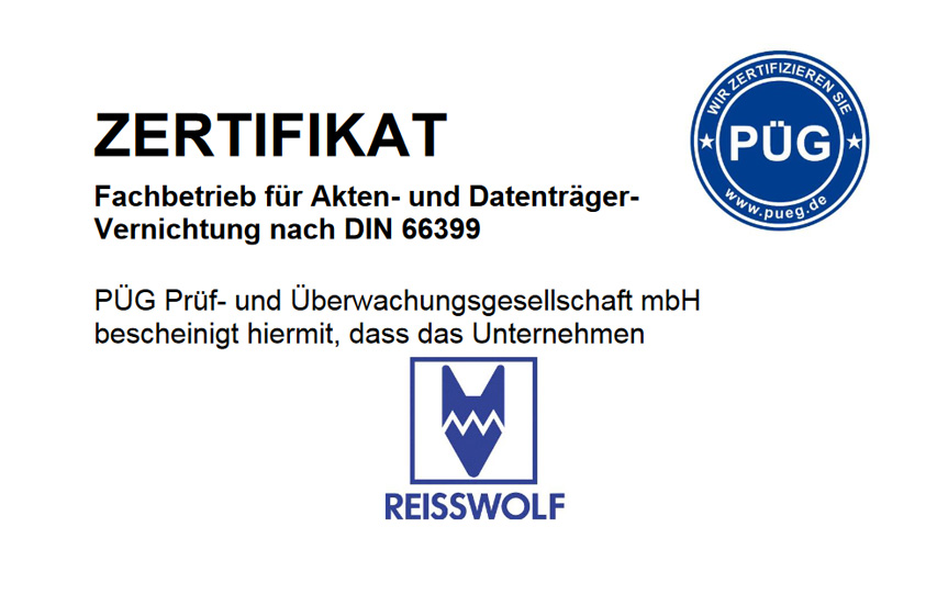 Zertifizierungen der Firma REISSWOLF